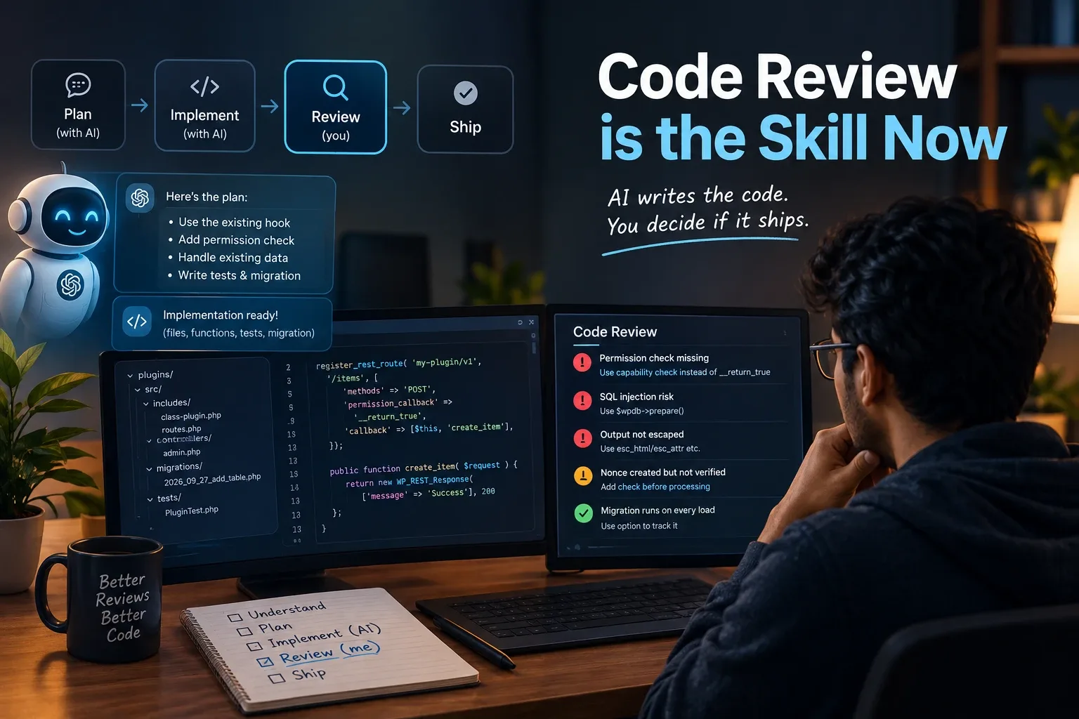 An AI-assisted workflow of plan, implement, review and ship, with a developer reviewing AI-written WordPress code that flags a missing permission check, SQL injection risk and unescaped output