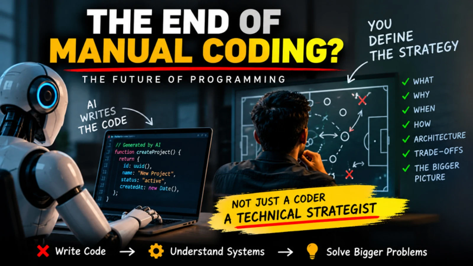 A developer at a whiteboard of system decisions beside a robot writing code on a laptop, captioned "not just a coder, a technical strategist"