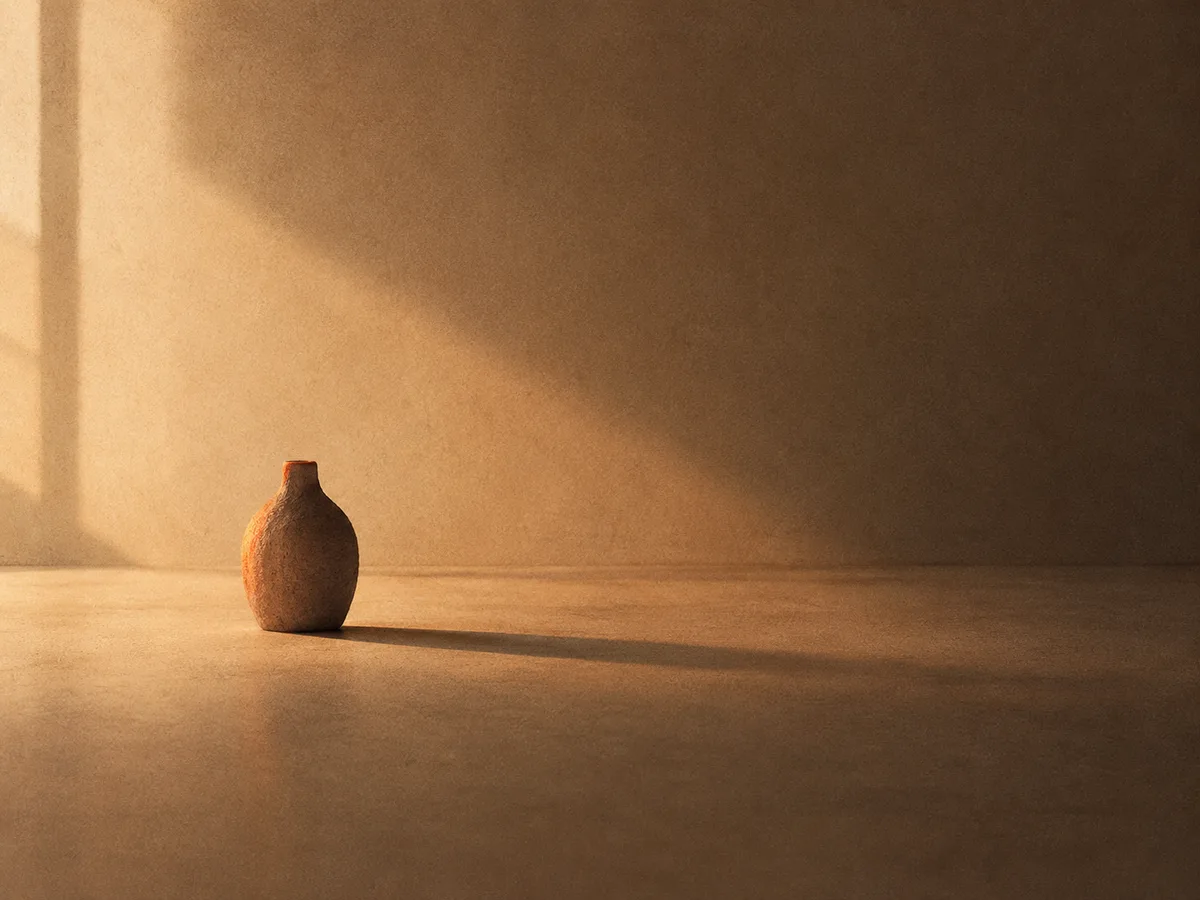 A small clay vessel alone in a large empty room, catching the first light