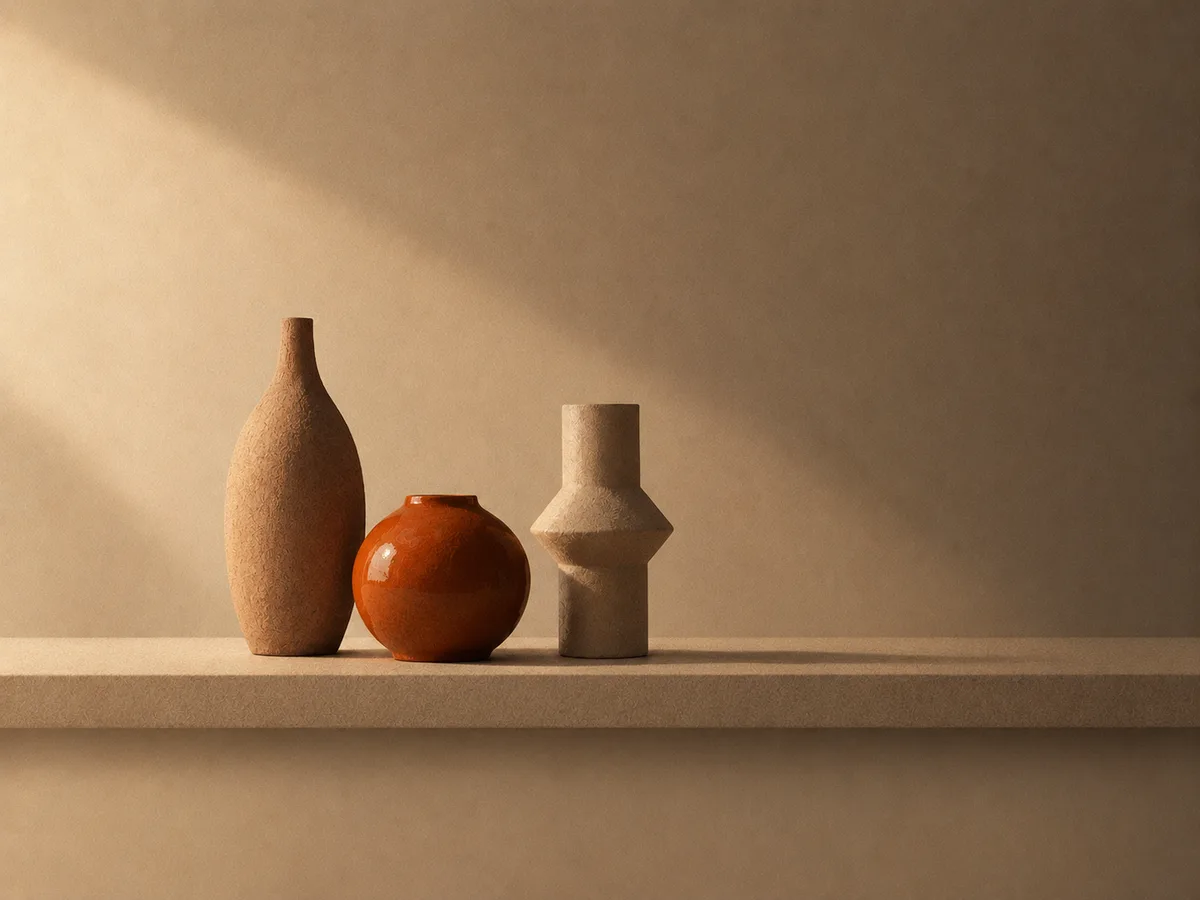 Three finished clay vessels standing on a shelf in warm side light, one glazed orange