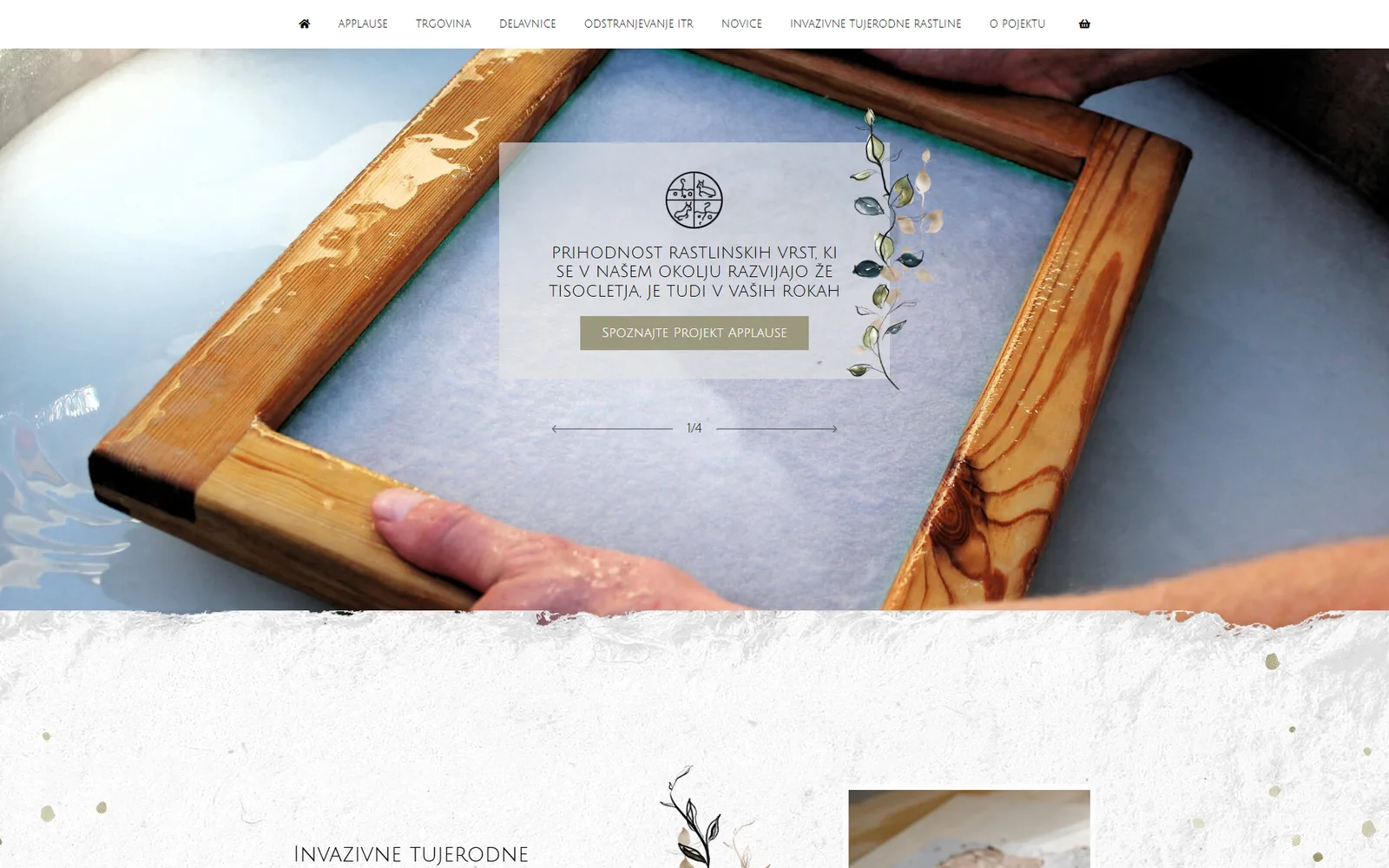 The Applause homepage hero, showing a hand-held picture frame over water beneath the headline about the future of native plant species