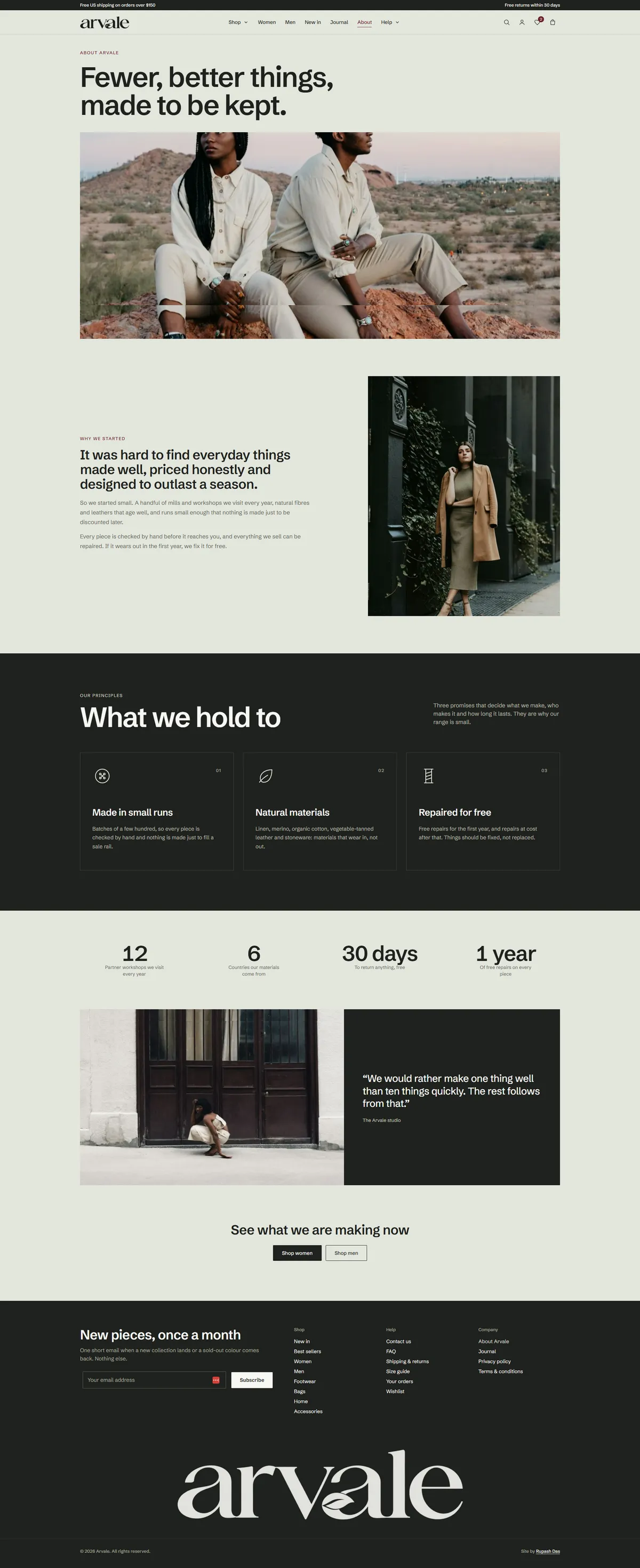 The About page, with the headline Fewer, better things, made to be kept, a wide editorial photo, a Why we started story, a dark What we hold to section with three principle cards, a row of four counters, a pull quote and a closing call to action