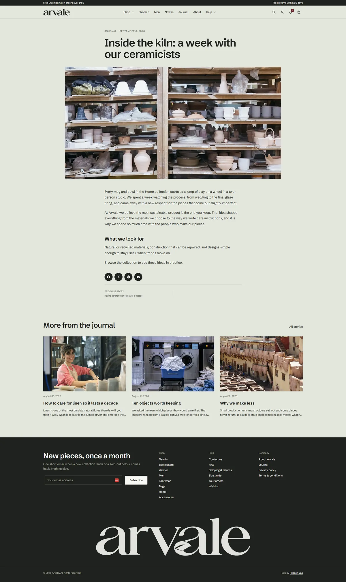 A journal article, Inside the kiln, with a wide photograph of a ceramics studio's shelves, a short body with a subheading, share buttons, a previous-story link and a More from the journal row