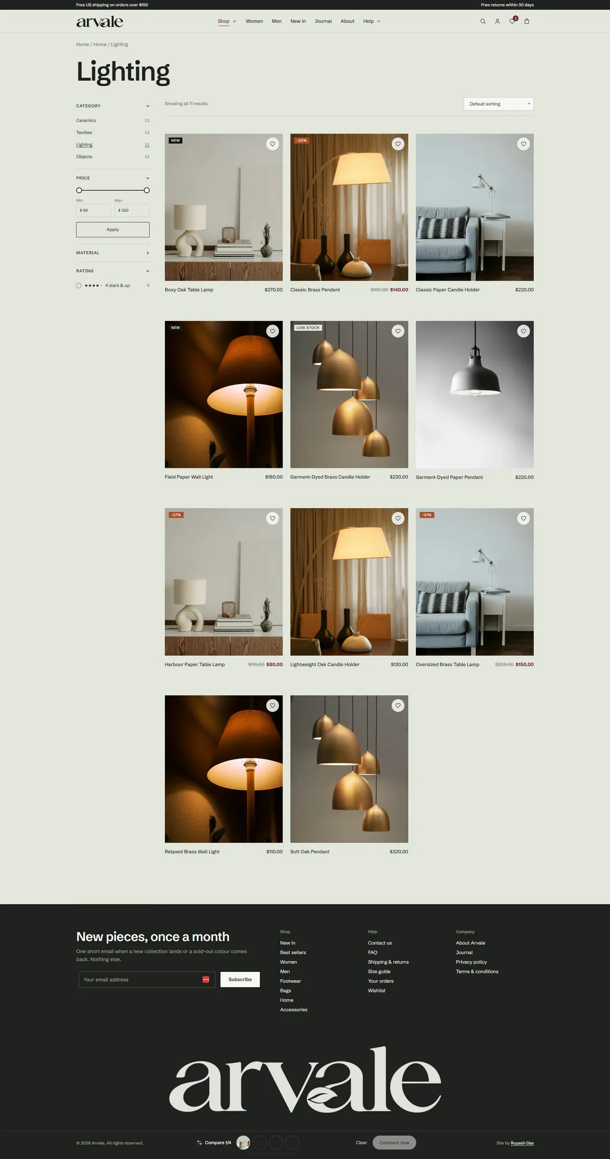 The Lighting category page, with a sidebar of filters for category, price range, material, rating and availability beside a three-column grid of lamps, each card with a photo, badges such as New, Low stock or a sale percentage, a wishlist heart, name and price