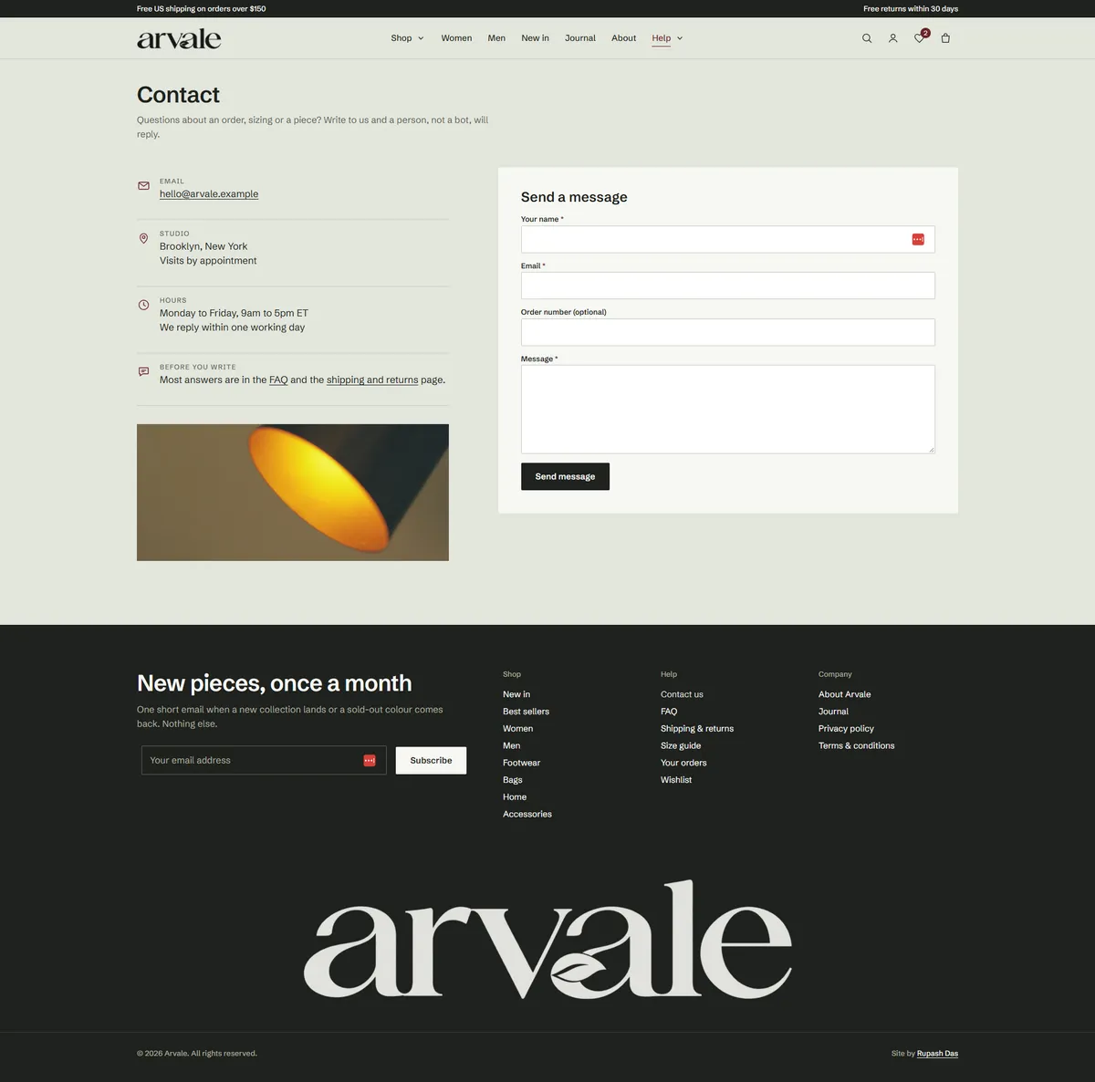 The contact page, with email, studio location, hours and a before-you-write note on the left and a Send a message form on the right