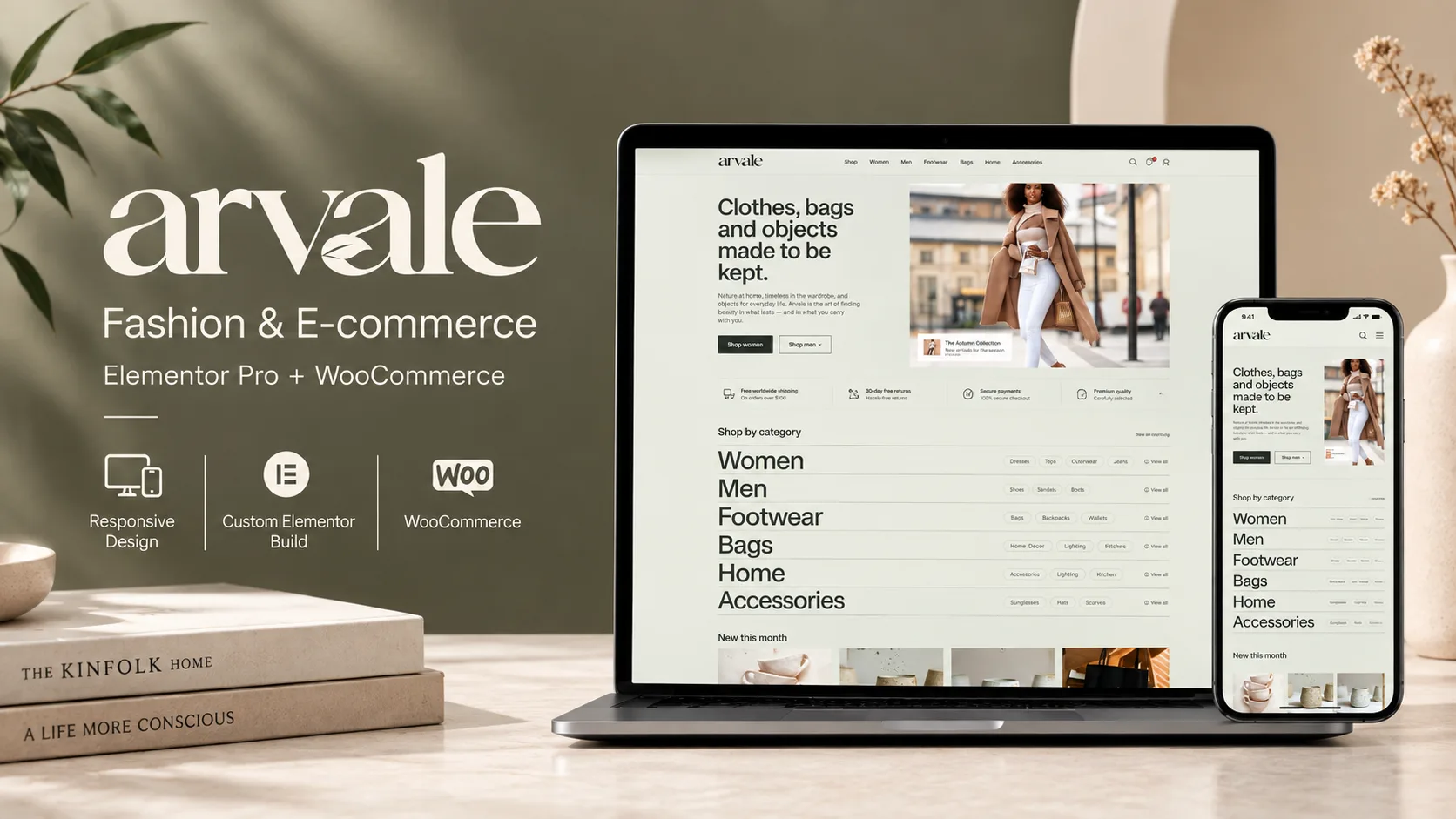 A laptop and phone showing the Arvale homepage, the headline "Clothes, bags and objects made to be kept" beside a fashion photo above a large typographic category index, next to the Arvale logo and the labels Responsive Design, Custom Elementor Build and WooCommerce