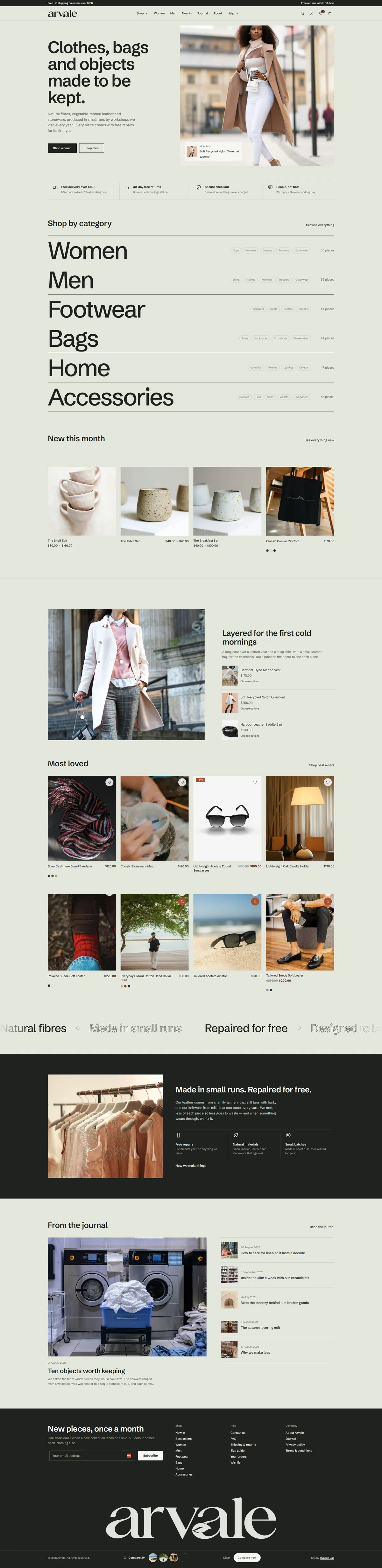 The Arvale homepage, with a split hero, a strip of service promises, a large typographic Shop by category index, a New this month carousel, a Shop the look photo with product hotspots, a Most loved product grid, a scrolling marquee, a dark Made in small runs section and a From the journal feature above the footer