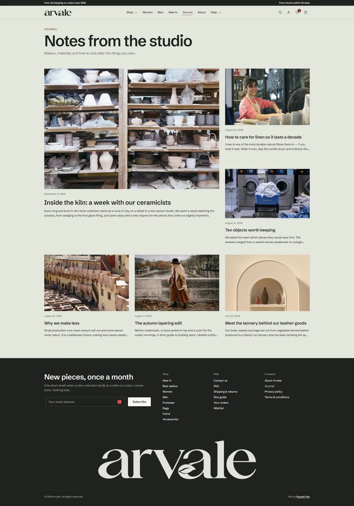 The journal archive, titled Notes from the studio, with one large lead story beside two smaller ones and a row of three more stories below