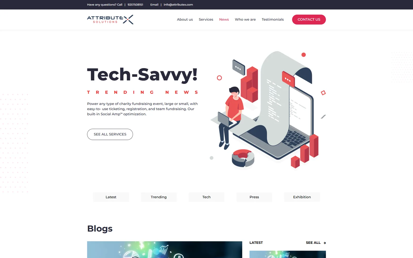 The AttributeX Solutions site navigation and a news section headlined "Tech-Savvy!" beside an isometric illustration of a person working at a laptop