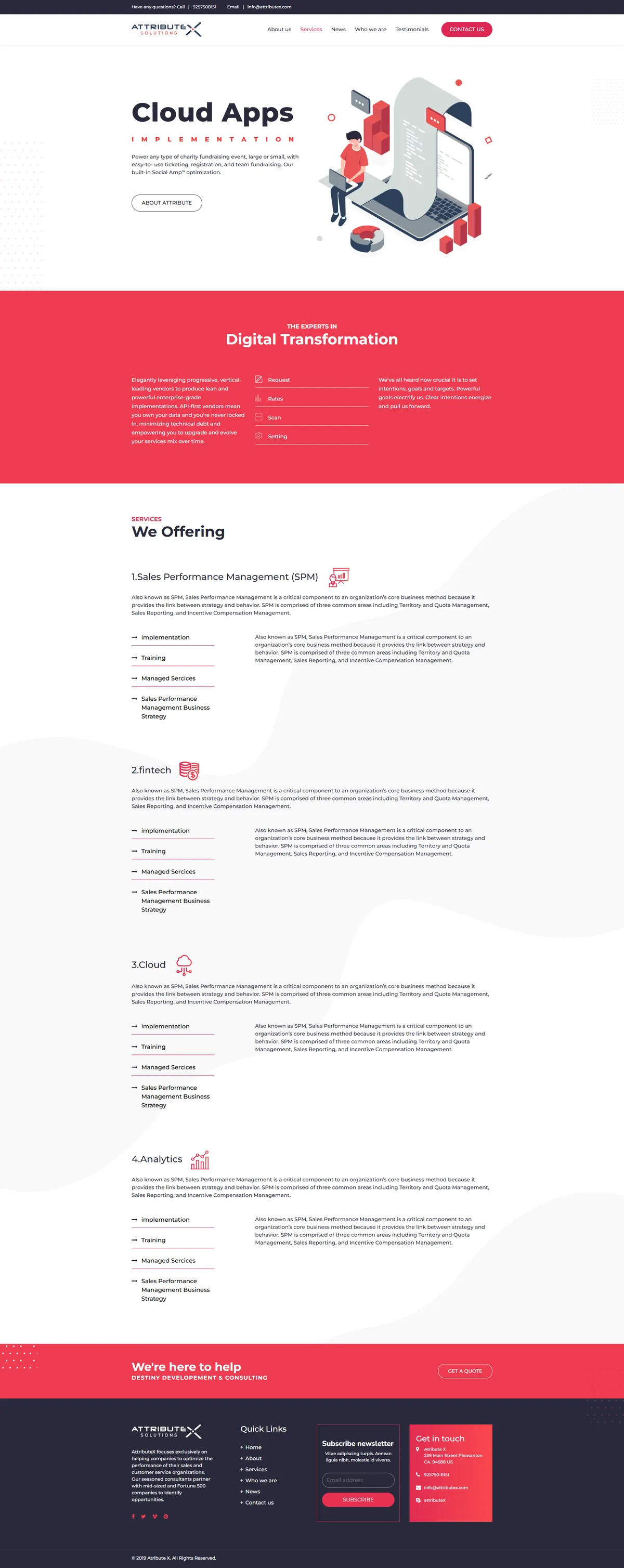 The AttributeX Solutions services page listing sales and customer service offerings