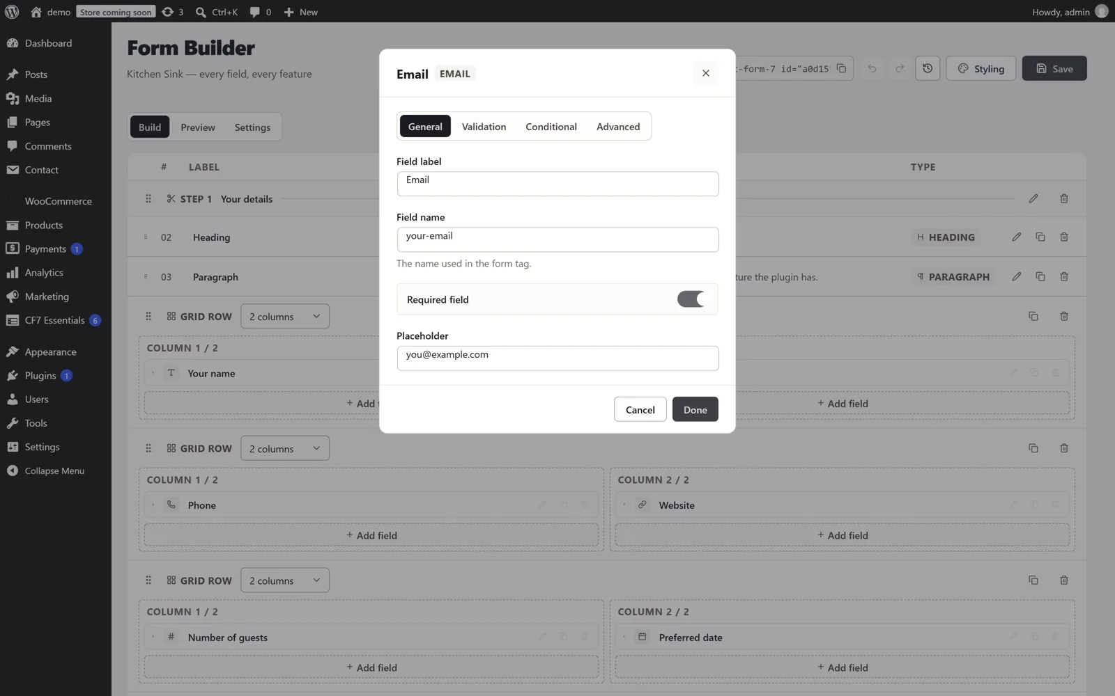 A field's settings panel open in the builder, showing the label, field name and placeholder for an email field