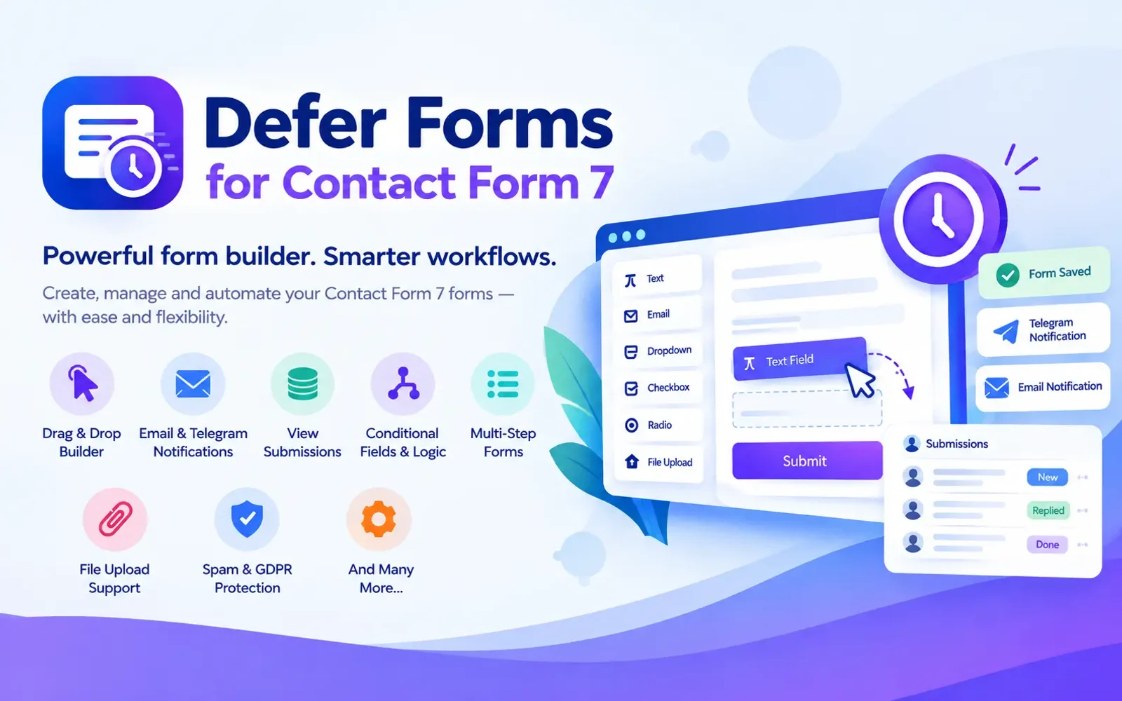 The Defer Forms for Contact Form 7 product banner: the plugin name beside a mockup of the builder, with a field palette on the left, a text field being dragged onto the form canvas, and panels for notifications and stored submissions alongside