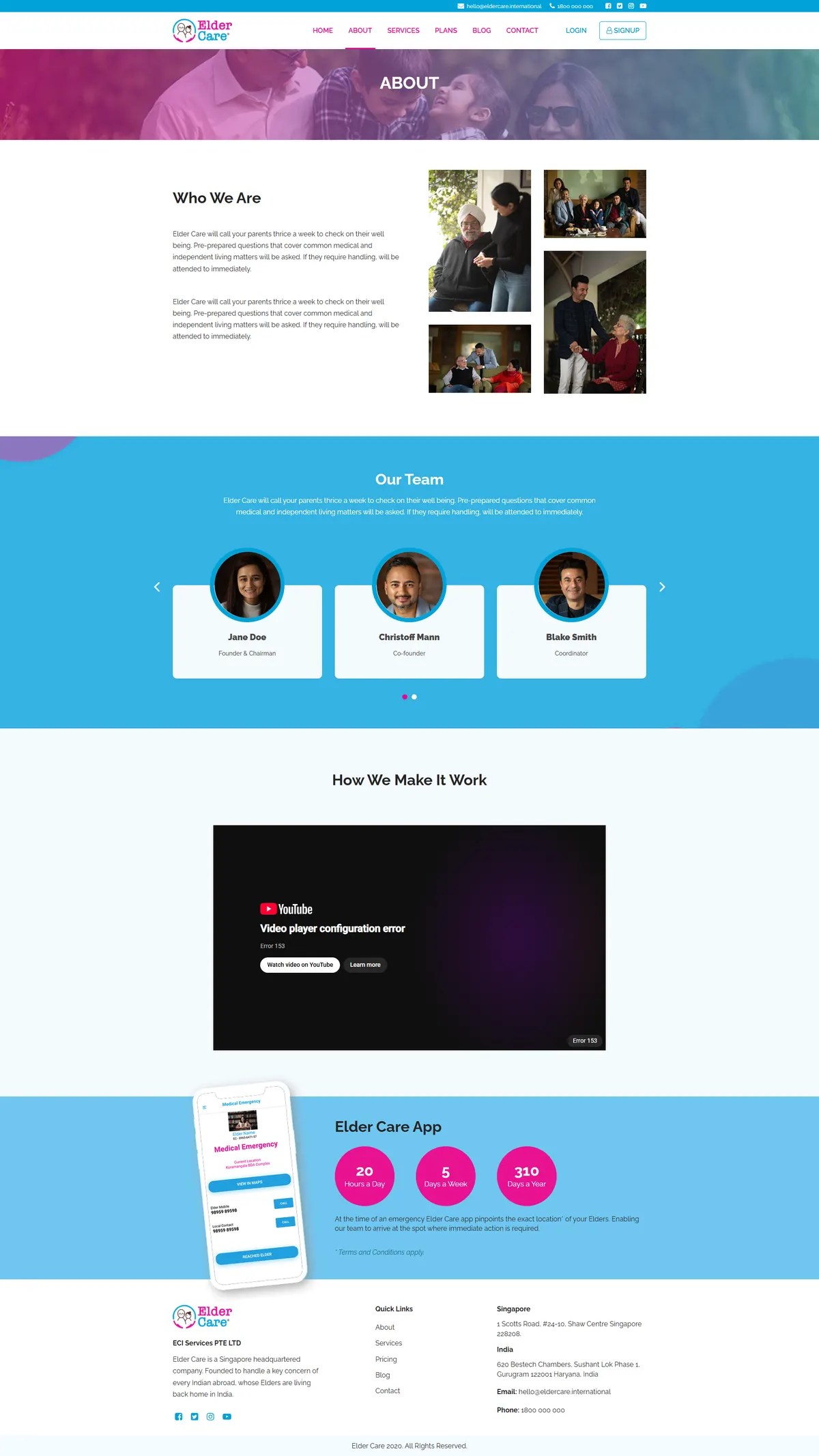 The Elder Care about page, showing the team and how the service works