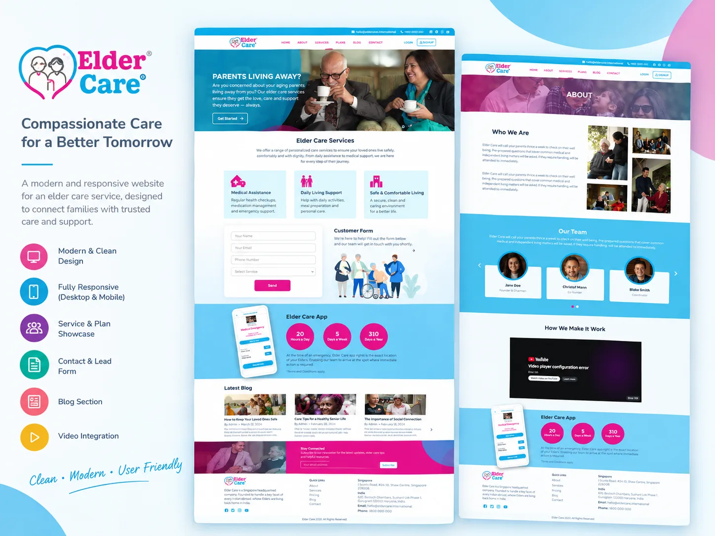 The Elder Care homepage hero, "Parents living away?", beside an older couple having coffee, above a row of elder-care service cards