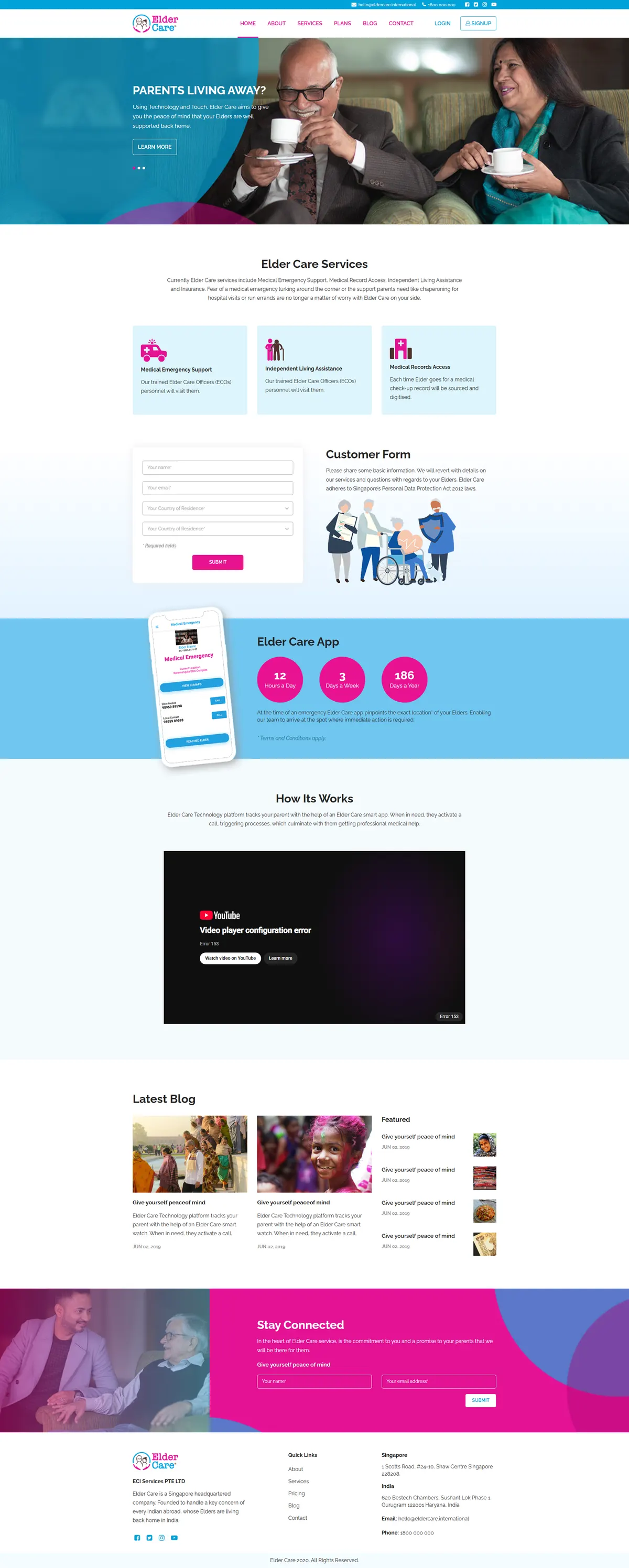 The Elder Care homepage, showing the hero, services grid and a contact form