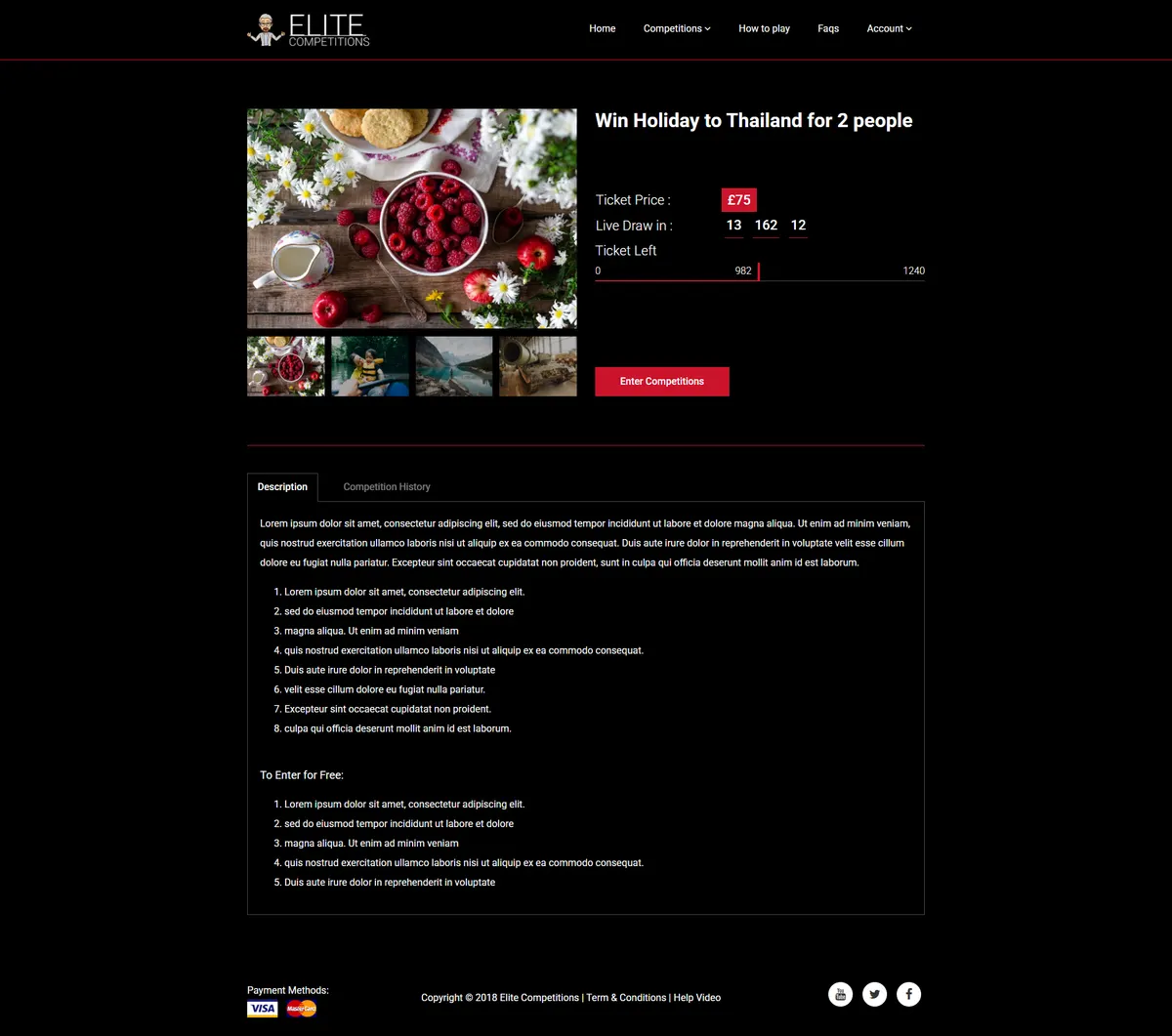 A competition details page with ticket selection