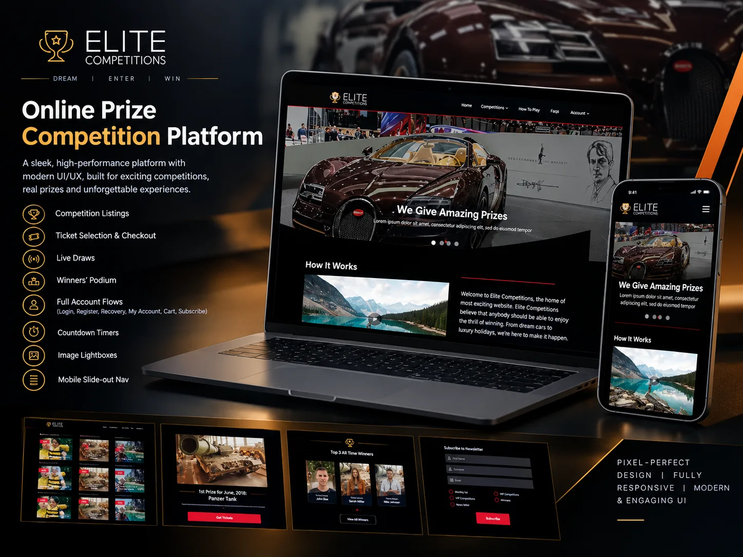 The Elite Competitions homepage hero, "We Give Amazing Prizes", showing a car giveaway slide above a "How It Works" section