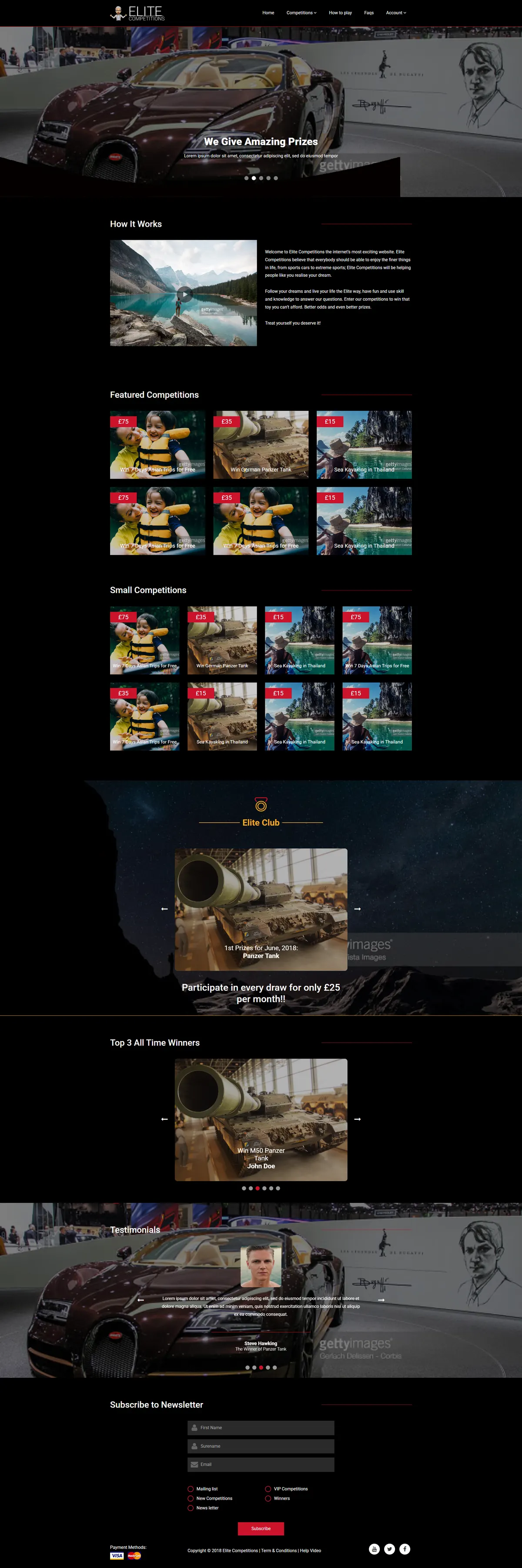 The Elite Competitions homepage with prize carousel and how-it-works section
