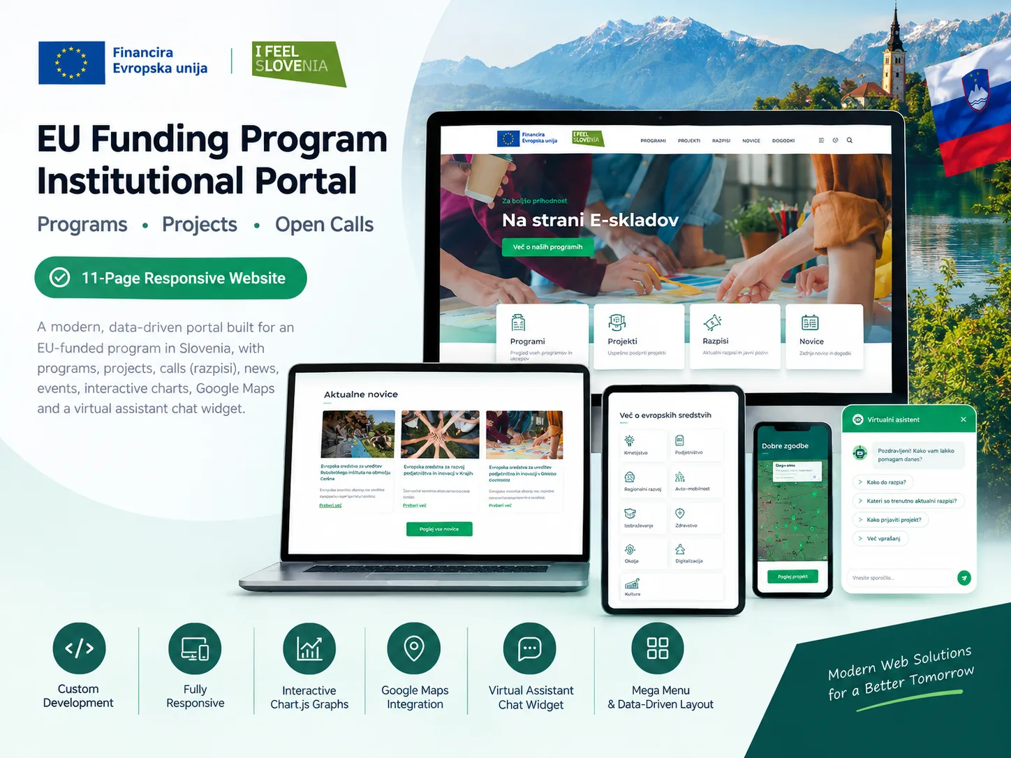 The EU-Skladi homepage hero, "Na strani E-skladov", with a Programs, Projects, Razpisi and Novice card row beneath it