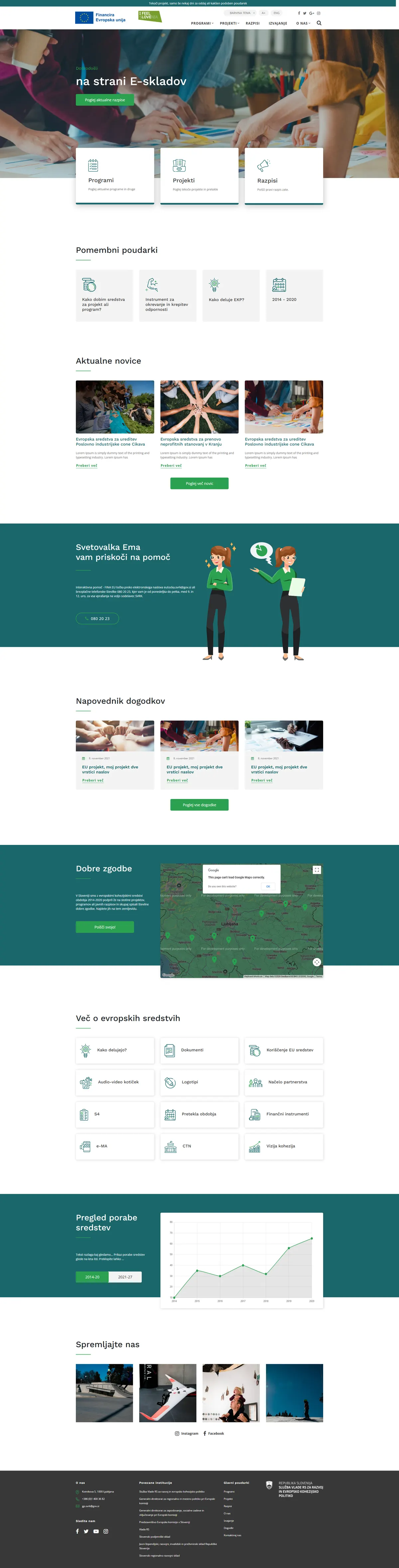 The EU-Skladi homepage with program cards and a news section