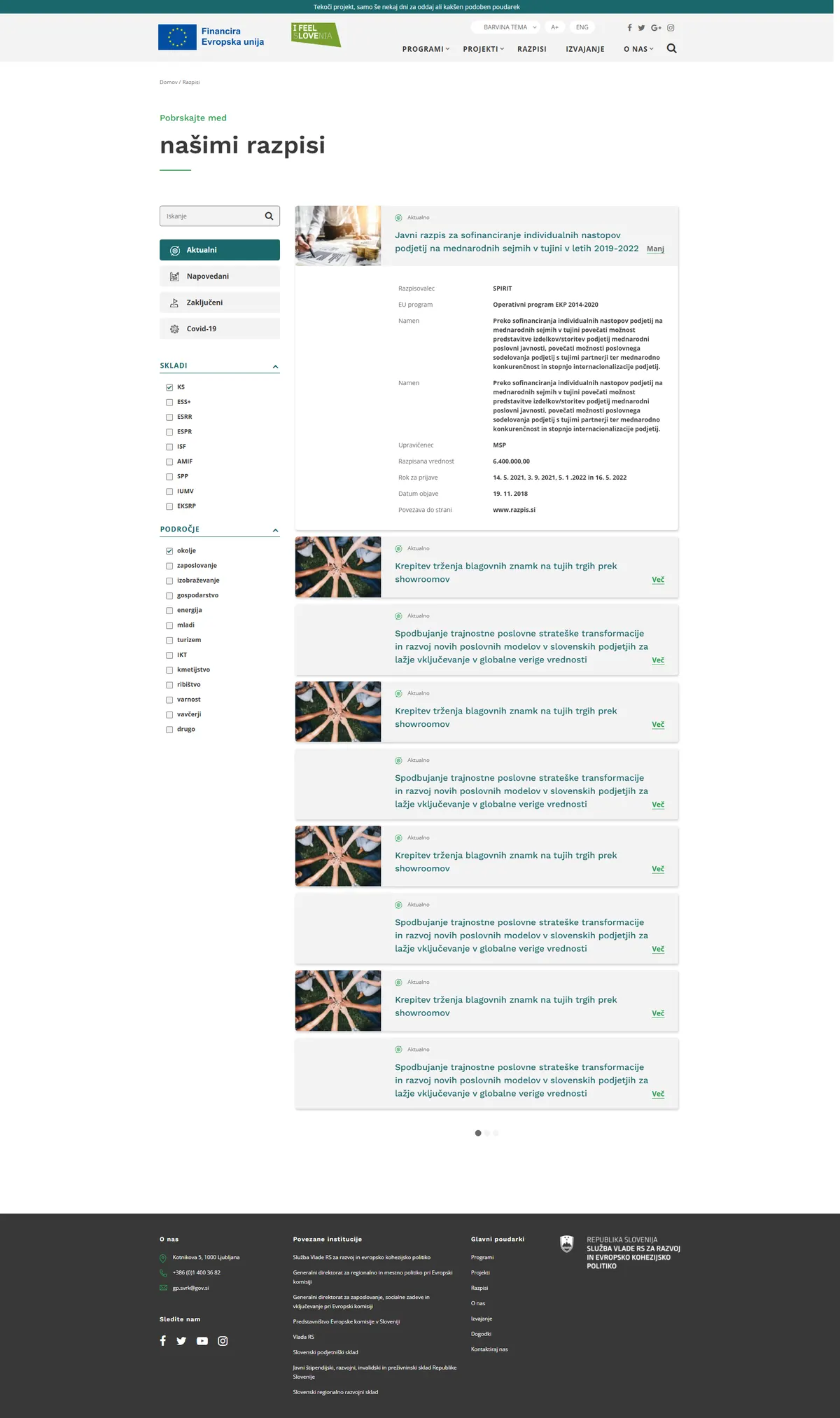The EU-Skladi open calls (razpisi) page