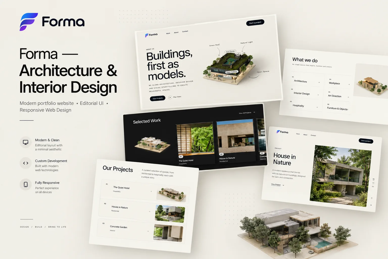 The Forma identity board: the wordmark and the line "Architecture & Interior Design" beside four screens of the site — the "Buildings, first as models." hero with a 3D study model, a dark Selected Work carousel, a six-discipline services list and a project page for House in Nature