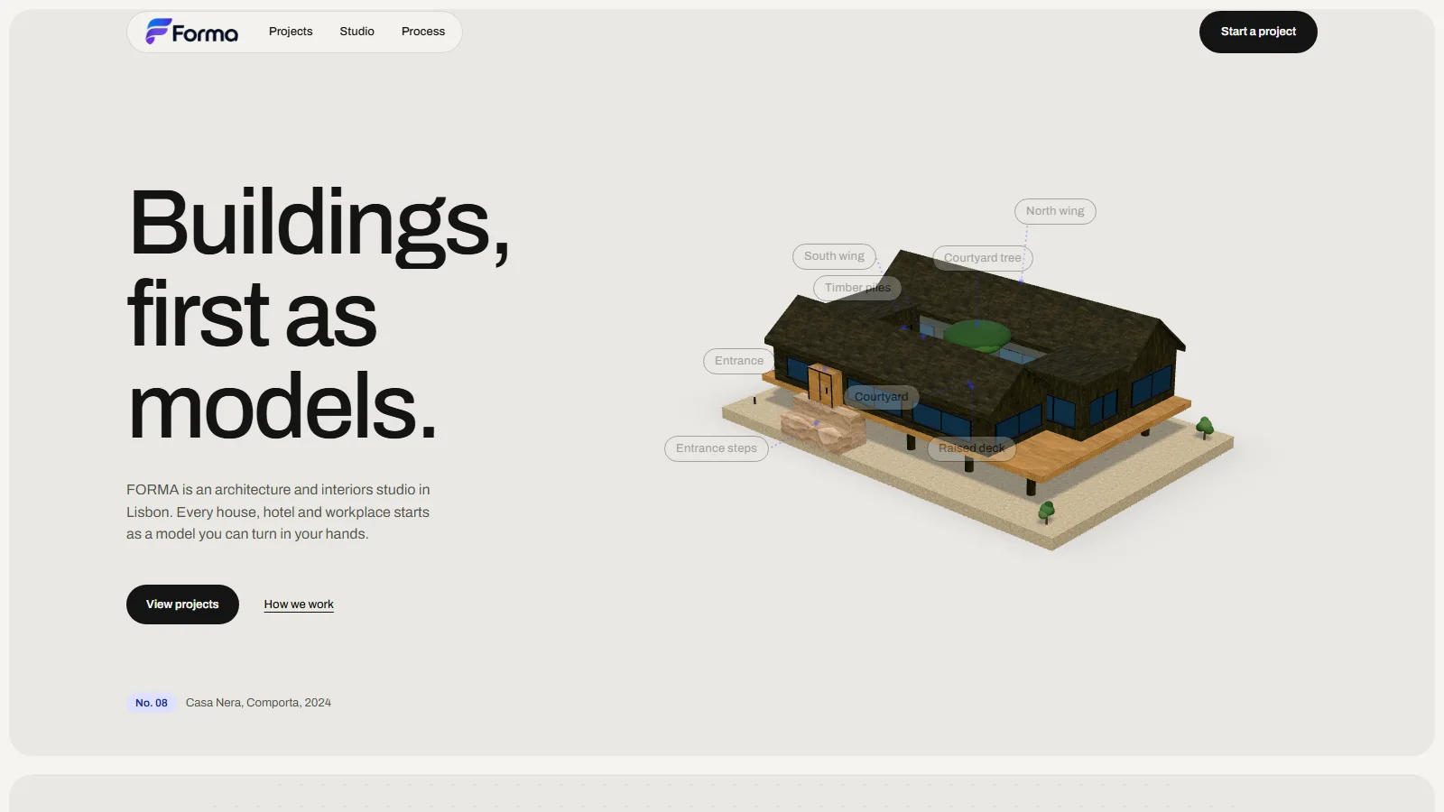 The Forma homepage, with the headline "Buildings, first as models." beside a 3D study model of a black timber courtyard house, its parts labelled North wing, Courtyard, Raised deck and Entrance steps