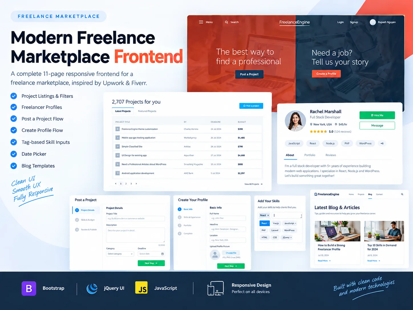 The FreelanceEngine homepage split hero, "The best way to find a professional" and "Need a job? Tell us your story", above a project listings table