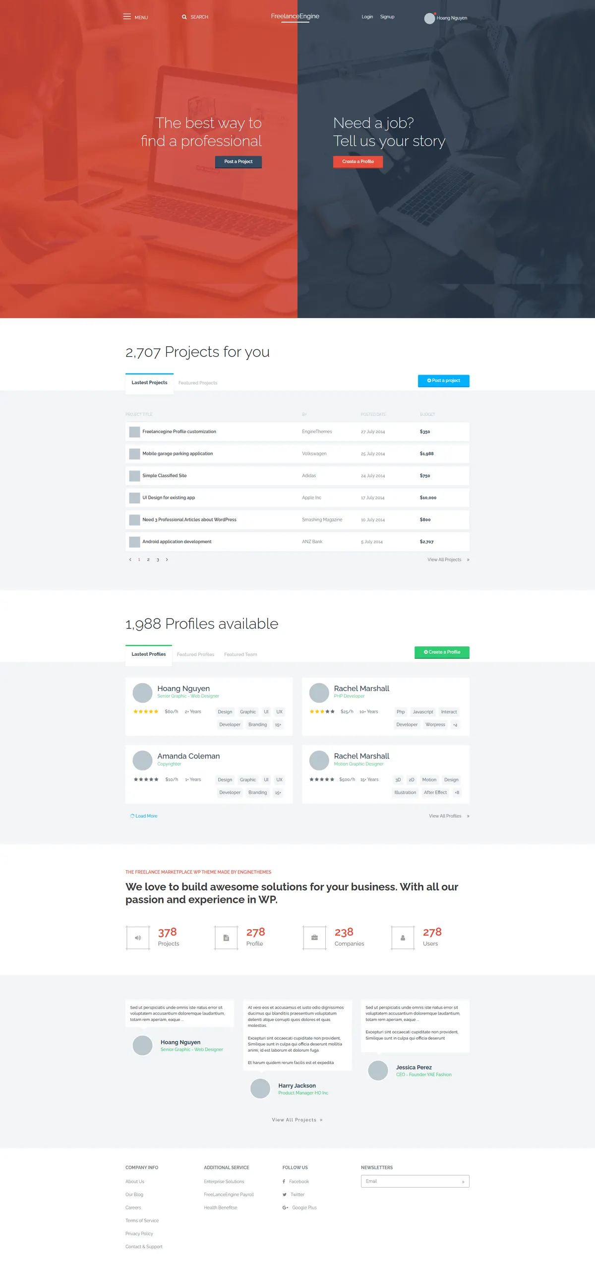 The FreelanceEngine homepage with a project listings table and freelancer profile card