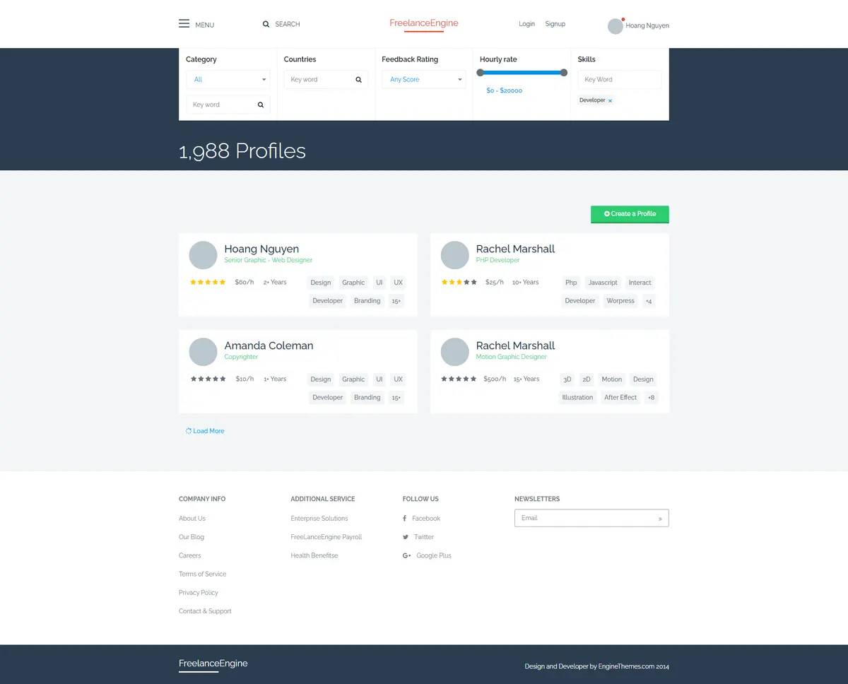 The FreelanceEngine freelancer profile listing page