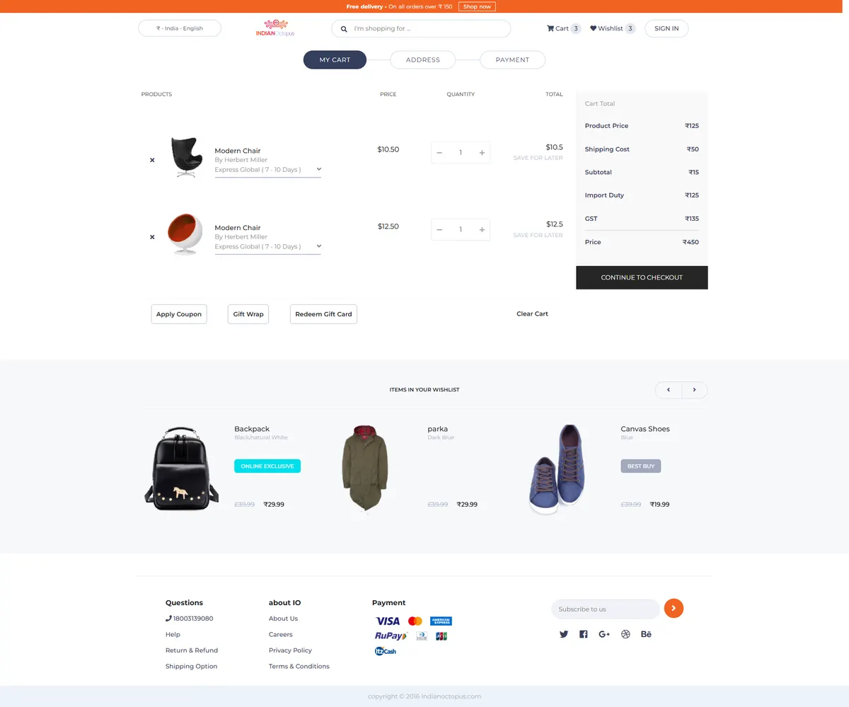 The FURNI shopping cart page