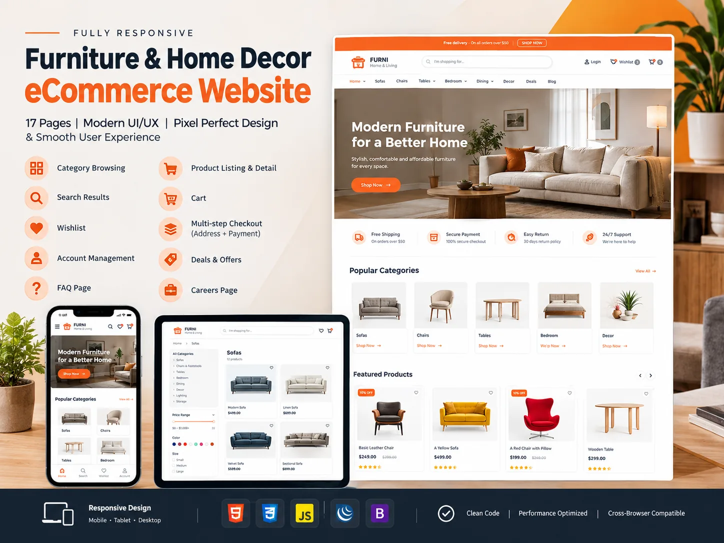 The FURNI homepage hero, "Modern Furniture for a Better Home", above a popular categories grid and featured products row