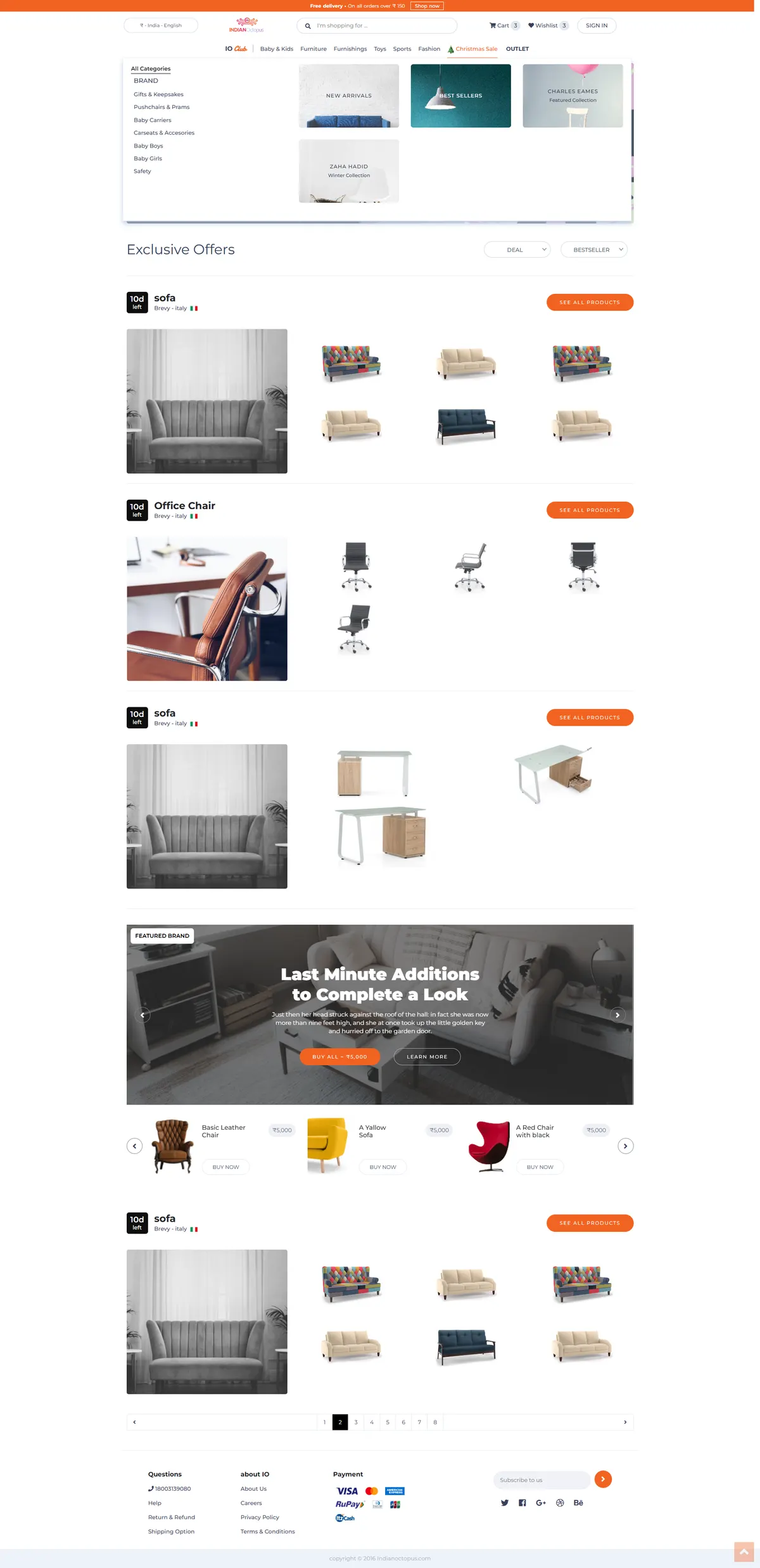 The FURNI homepage with category tiles and featured products
