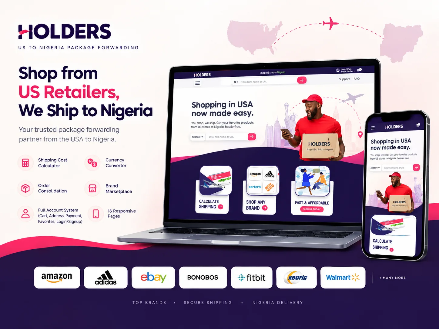 The Holders homepage hero, "Shopping in USA now made easy", showing a package-forwarding illustration and shipping calculator, product marketplace and account tiles