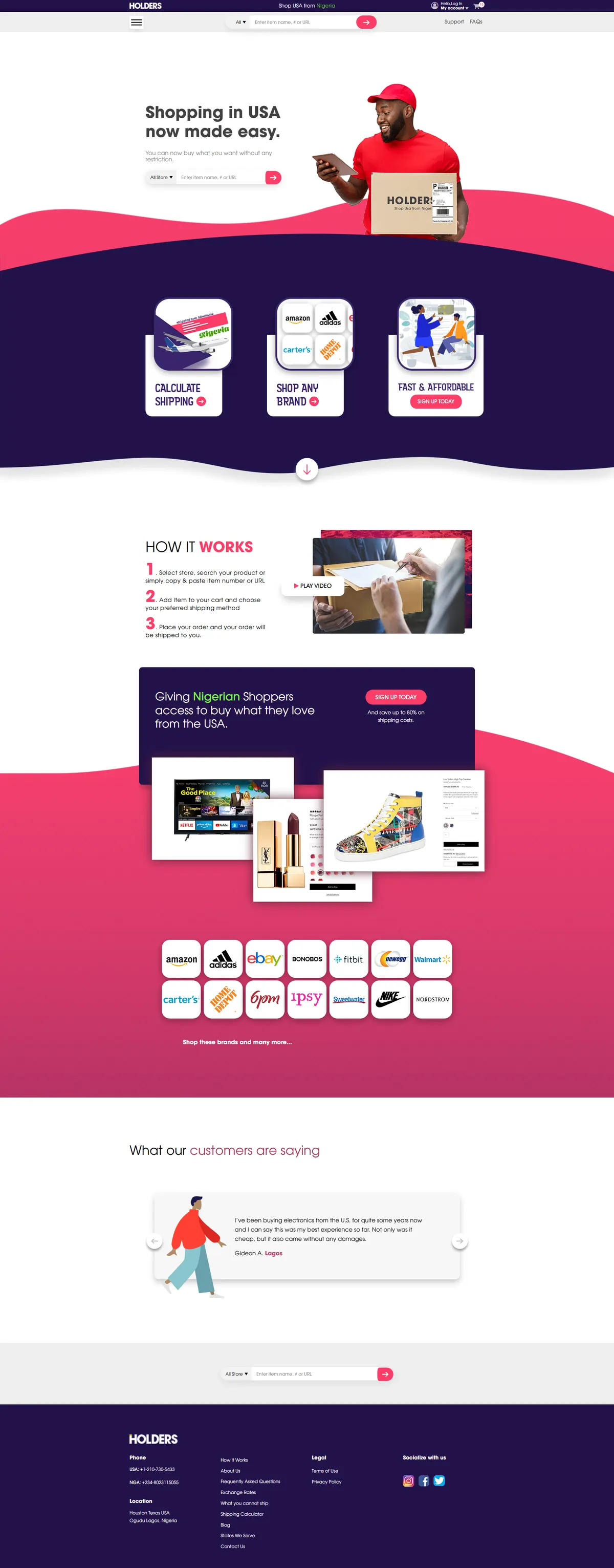 The Holders homepage with shipping calculator and top brands