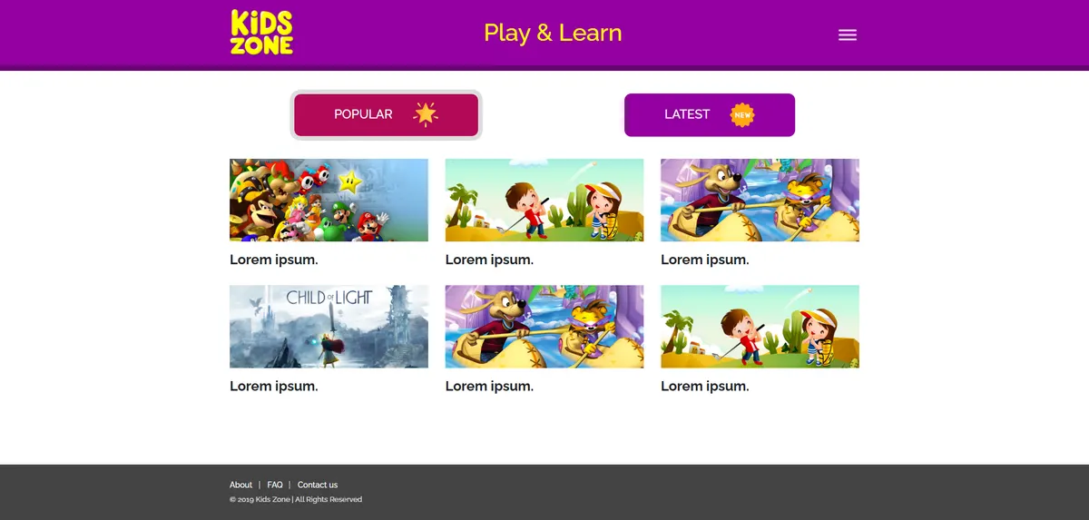 The Kids Zone category browsing page