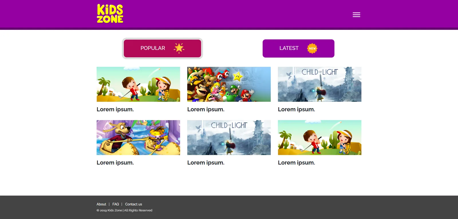 The Kids Zone homepage, showing "Popular" and "Latest" game category tabs above a grid of game thumbnails