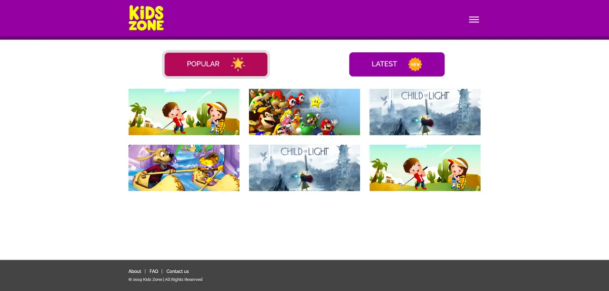 A single game page on Kids Zone