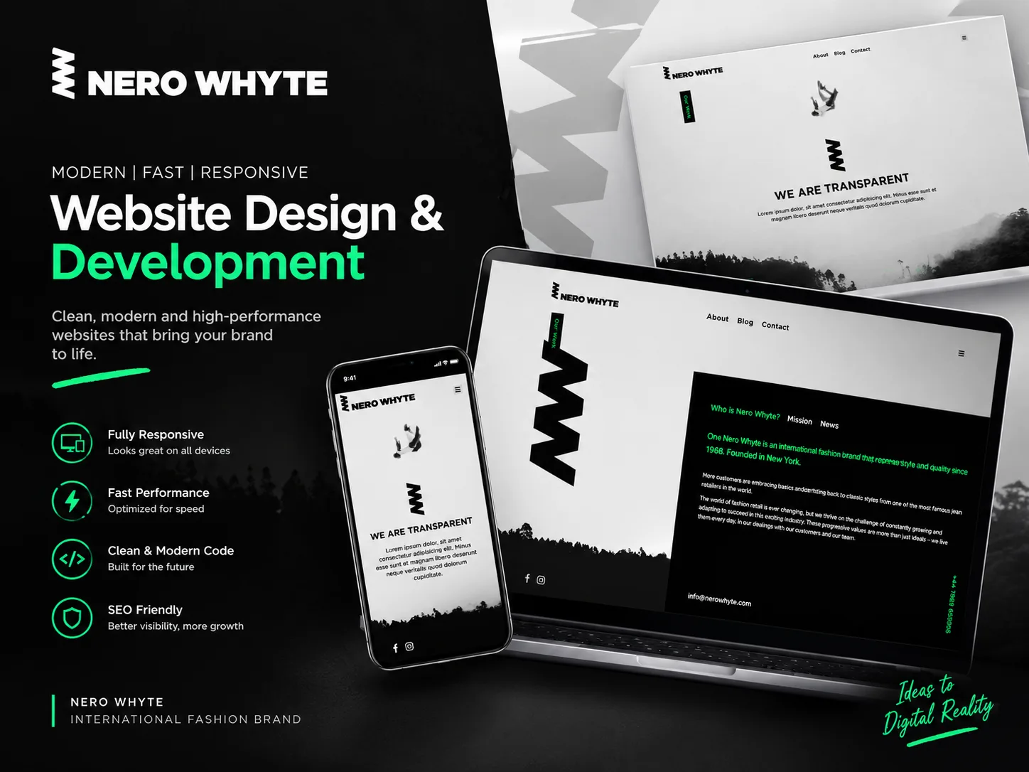 The Nero Whyte site on a laptop and tablet, showing the black-and-white "We Are Transparent" page beside the brand's zigzag logo