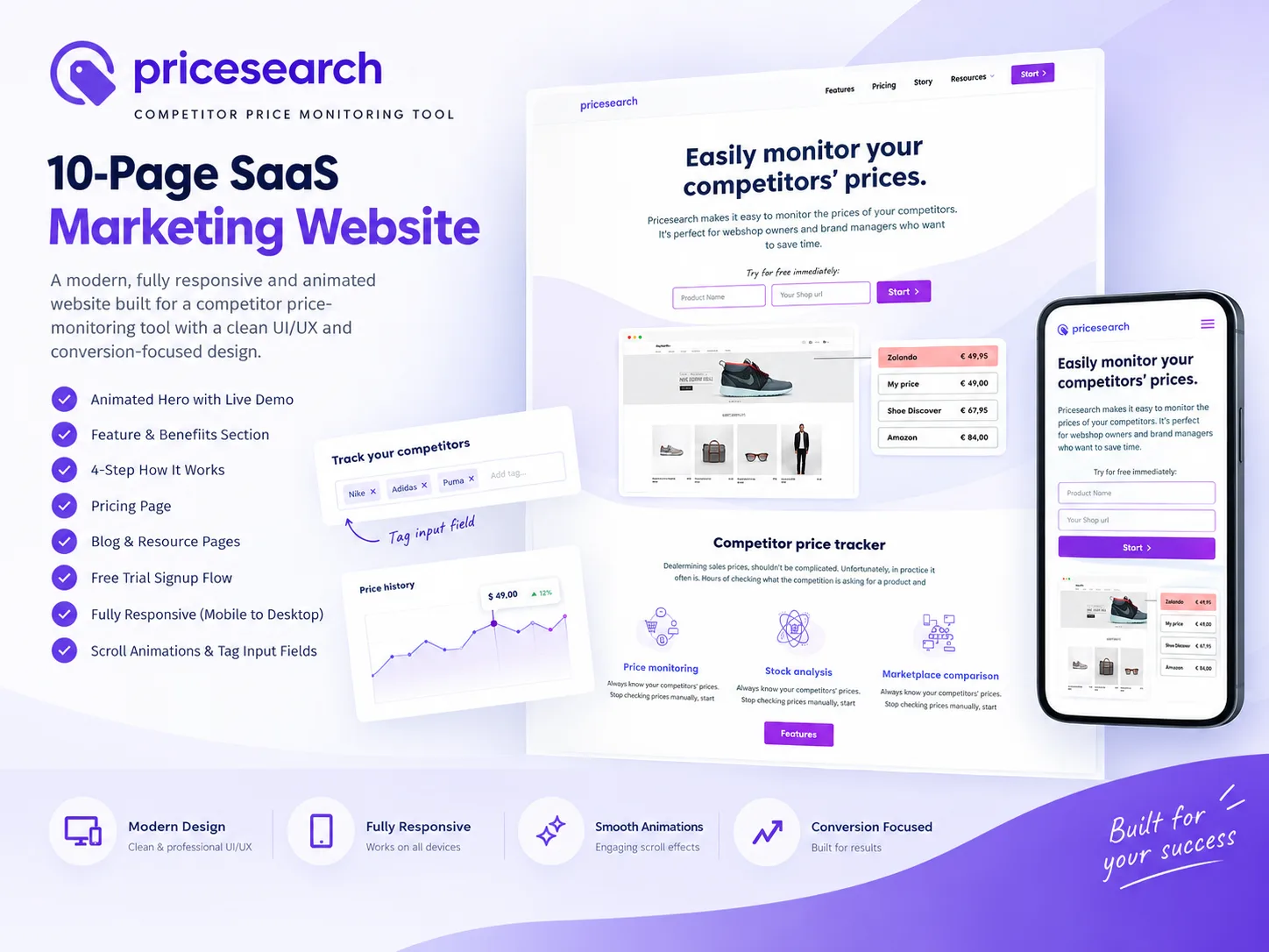 The Pricesearch homepage hero, "Easily monitor your competitors' prices", beside a competitor price-tracking dashboard mockup