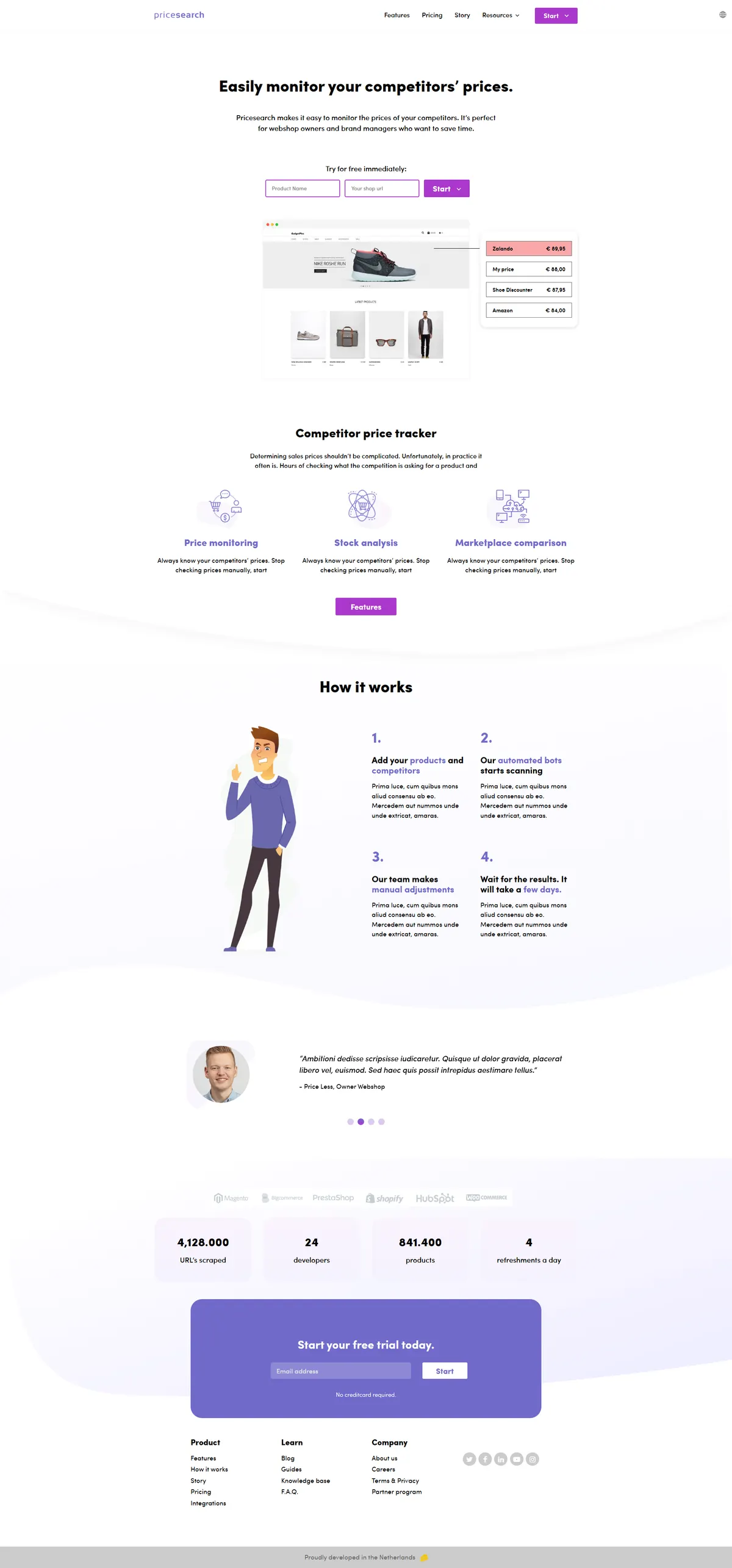 The Pricesearch homepage with an animated hero and price-tracking dashboard mockup