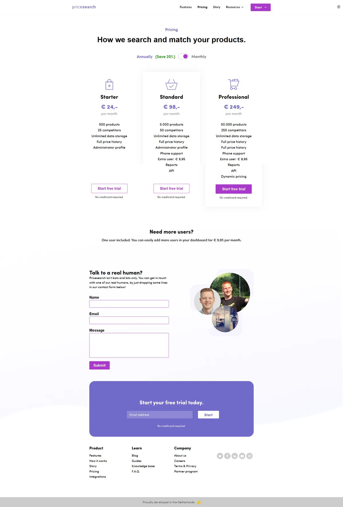 The Pricesearch pricing page