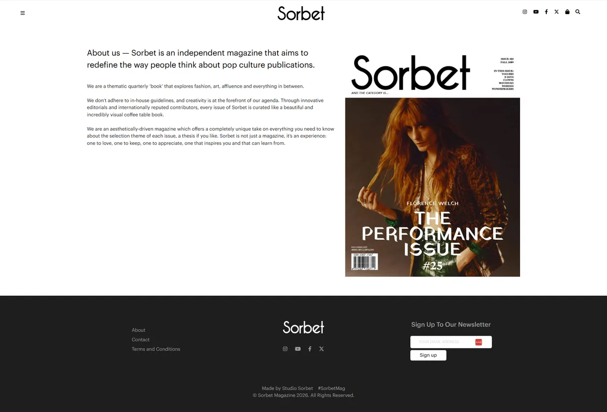 The Sorbet about page, a statement of what the magazine is beside the cover of The Performance Issue