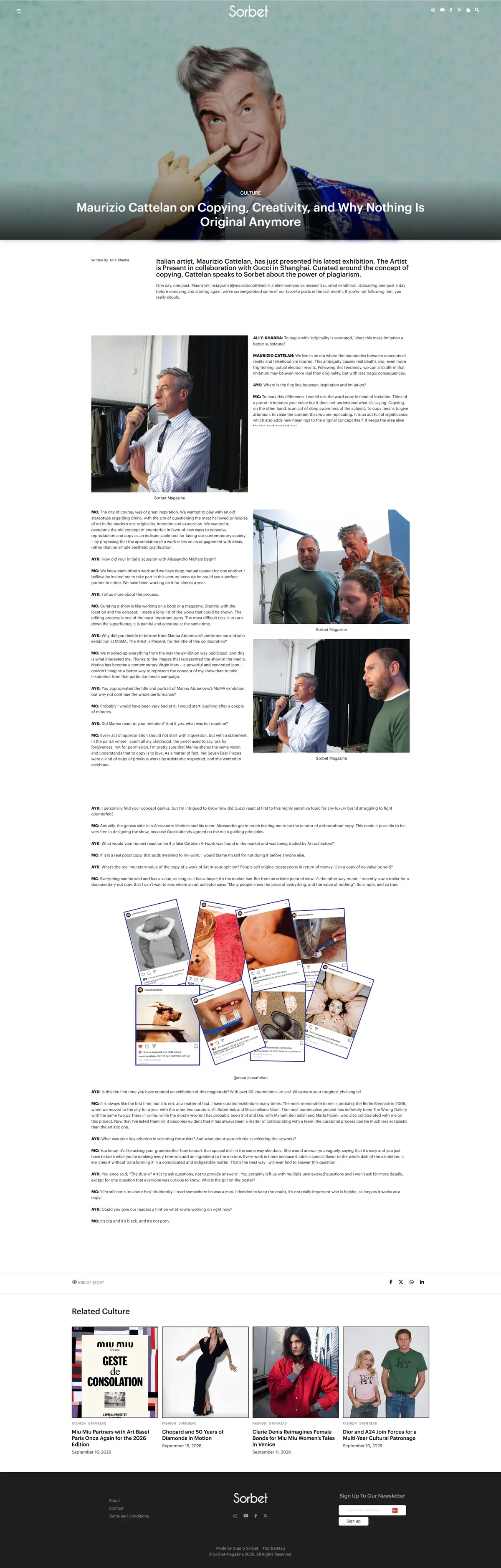 A long-form interview article with a full-width portrait hero and headline, a byline and standfirst, then questions and answers set beside captioned photographs