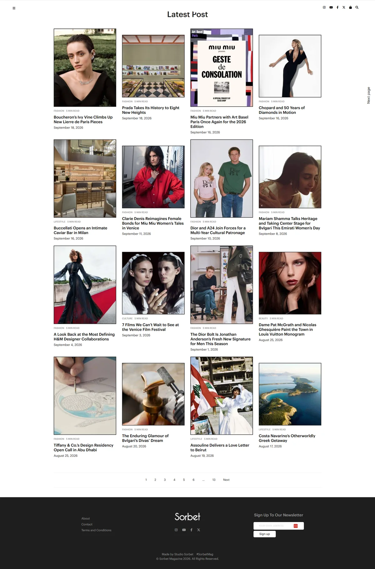 The Latest Post archive, a four-column grid of articles across fashion, beauty, culture and lifestyle, with numbered pagination