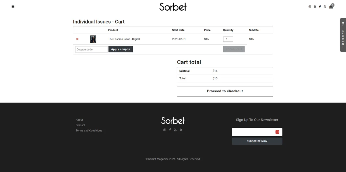 The Sorbet cart with one digital issue, a coupon field and the cart total above a Proceed to checkout button