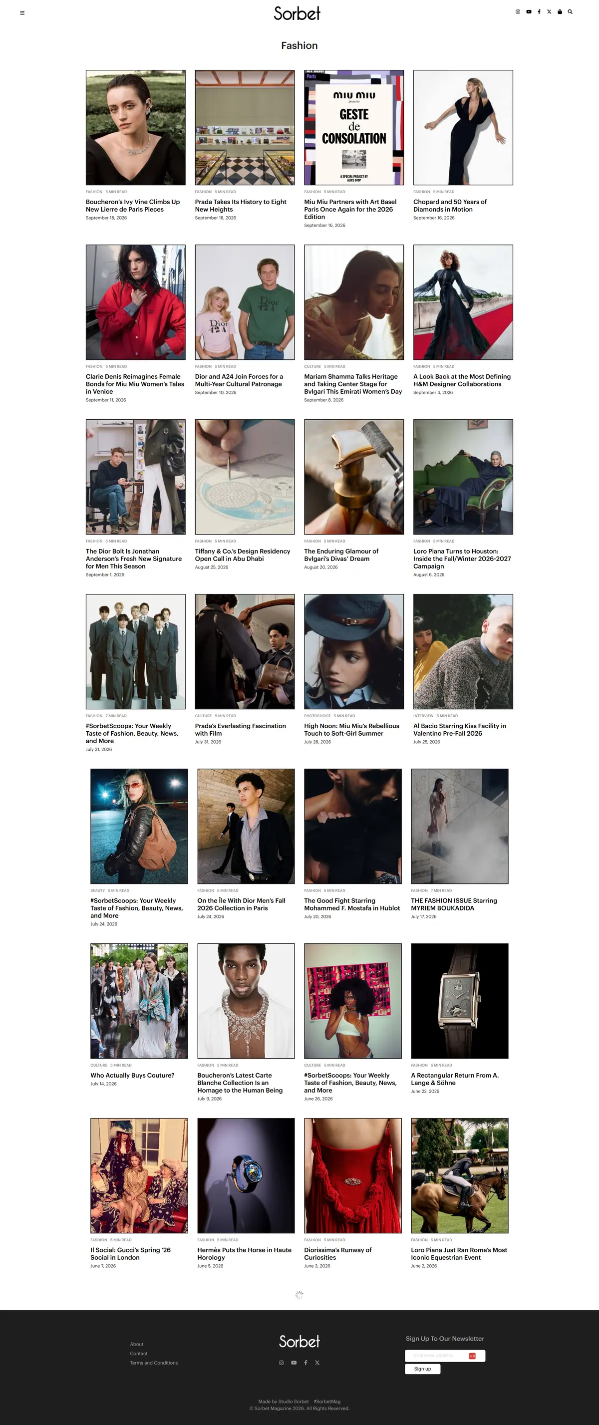 The Fashion category page, a four-column grid of article cards, each with an image, category, read time, headline and date