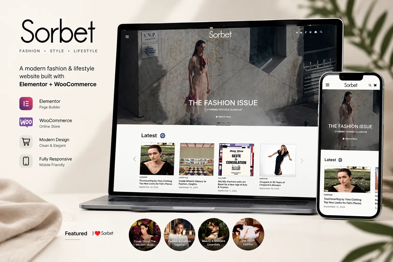 A laptop and phone showing the Sorbet Magazine homepage, a "The Fashion Issue" hero above a row of latest articles, beside the Sorbet logo and the note "built with Elementor + WooCommerce"