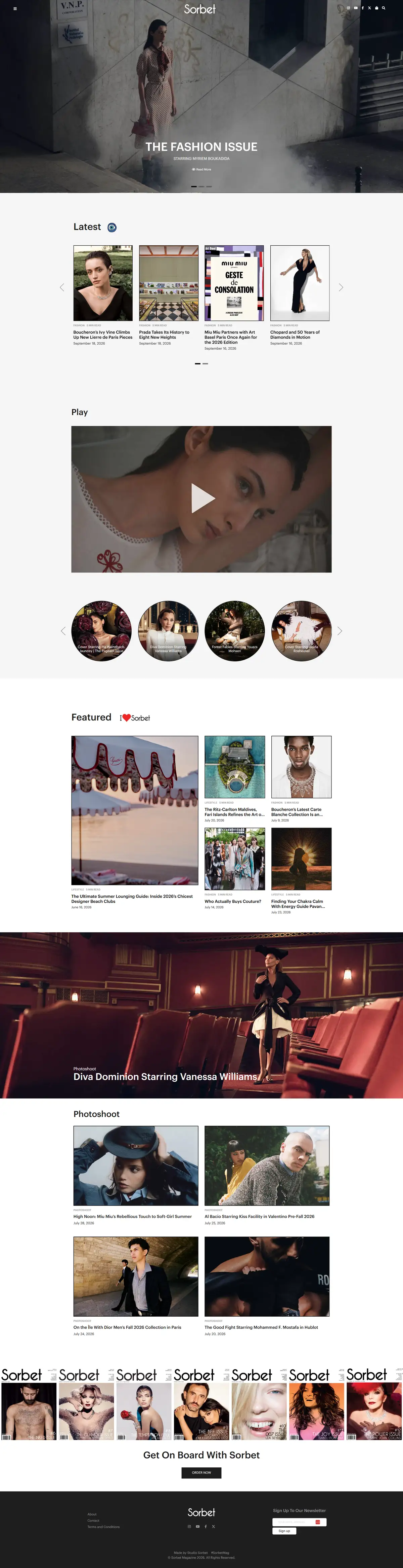 The Sorbet Magazine homepage, with a full-width cover story hero, a Latest articles carousel, a Play video feature with a row of circular video links, a Featured grid, a Photoshoot section and a strip of past covers above an Order Now button