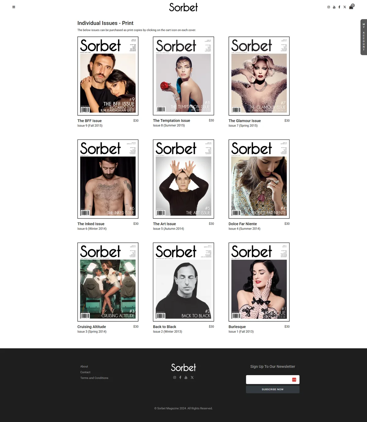 The print back-issue archive, a three-column grid of Sorbet covers from 2013 to 2015, each titled and priced